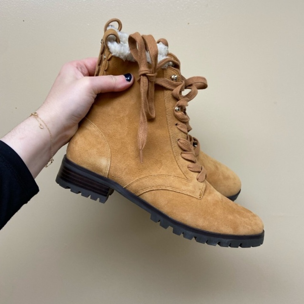 Kate Spade Combat Raegan Camel Tan Suede Shearling Lined Boots
